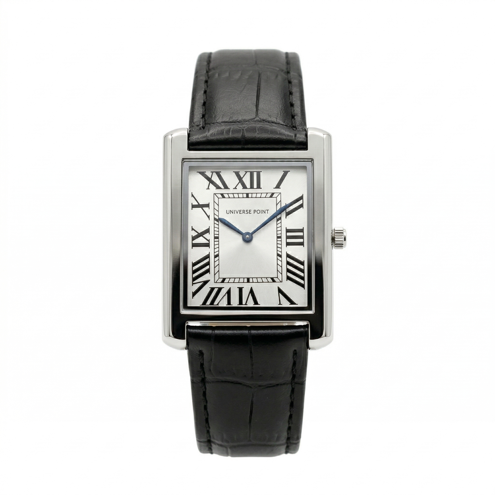Classic Rectangular Silver Black Leather Watch