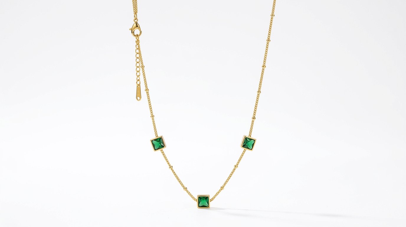 Emerald Luxe: Square-Cut Station Necklace