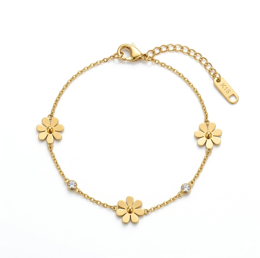Gold Blooming Daisy & Crystal Chain Bracelet