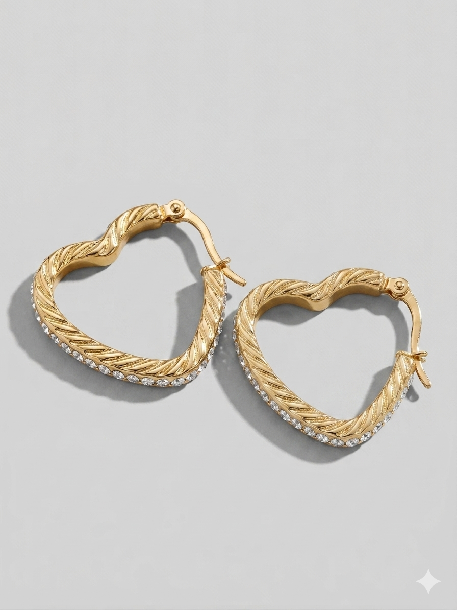 Twisted Gold Crystal Heart Hoop Earrings