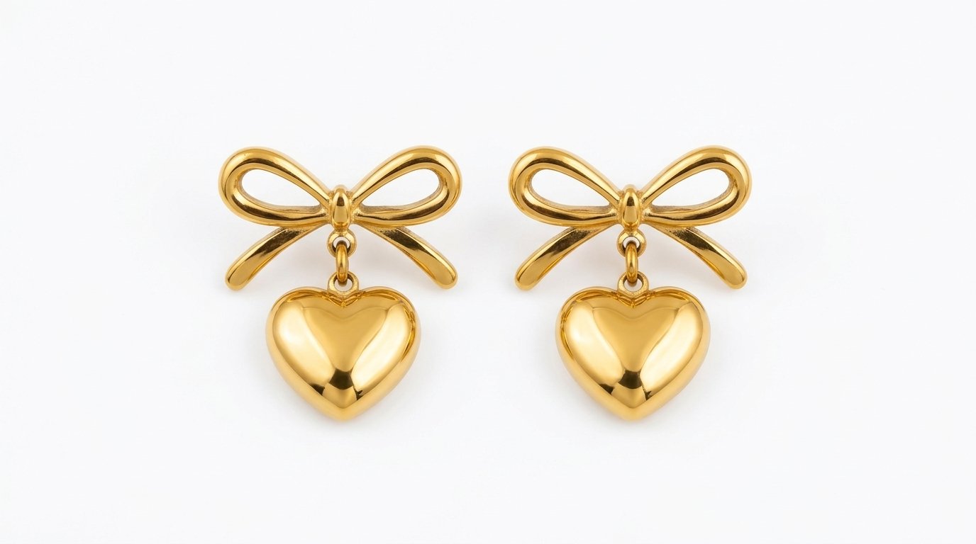 Golden Ribbon & Puffy Heart Drop Earrings